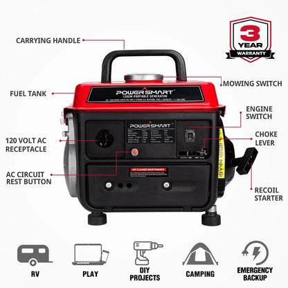 PowerSmart 1200W Portable Generator, Inverter Generator, Gasoline Powered Portable Generator, Low Noise，PS50