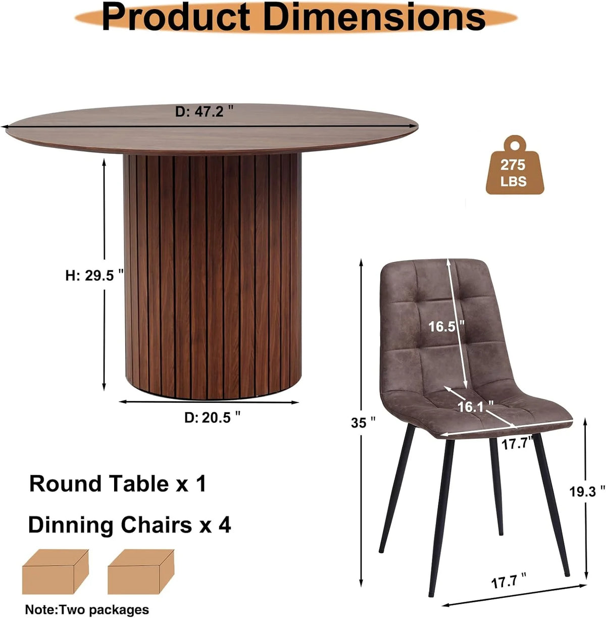 5 Piece Round Dining Table Set - Mid-Century 47 inch Oak Dining Table with 4 Brown Faux Leather Chairs Set, Dinner Table & Chair with Metal Legs for Kitchen Dining Room, Apartment, Bedroom