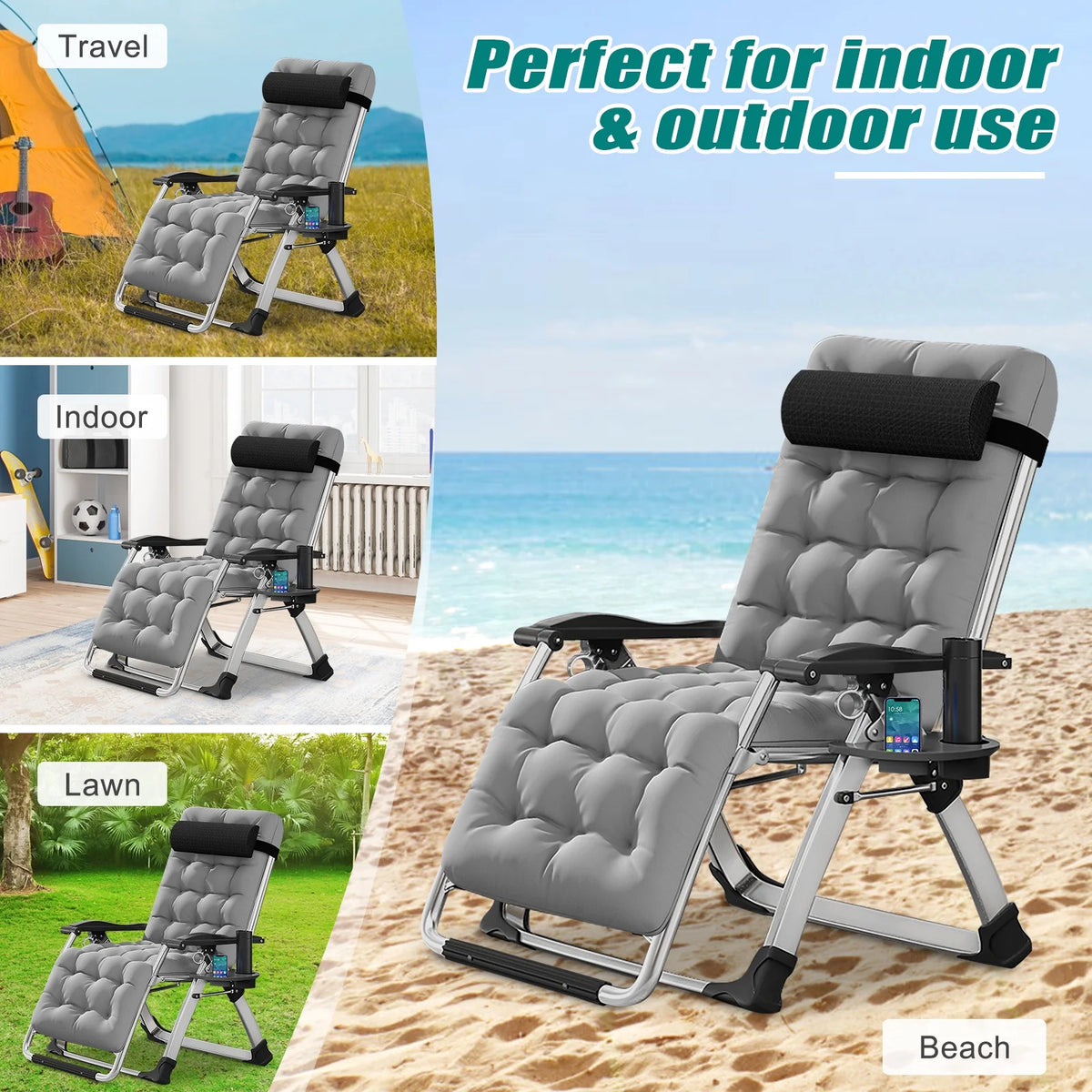 MOPHOTO Zero Gravity Chair Folding Outdoor Patio Recliner with Detachable Cushion,Cup Holder,Headrest,26"D x 20"W x 45"H