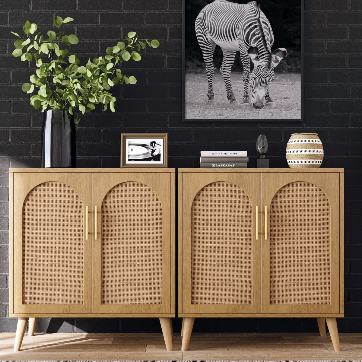 Rovaurx Set of 2 Rattan Storage Cabinet with Doors, Accent Bathroom Floor Cabinet, Modern Sideboard Buffet Cabinet for Living Room, Entryway, Dining Room and Kitchen, Natural
