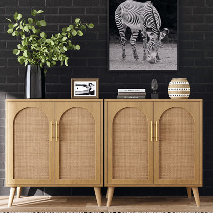 Rovaurx Set of 2 Rattan Storage Cabinet with Doors, Accent Bathroom Floor Cabinet, Modern Sideboard Buffet Cabinet for Living Room, Entryway, Dining Room and Kitchen, Natural