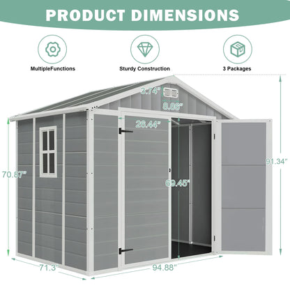 Outdoor Shed & Storage, Seizeen All-Weather Plastic Sheds 82'' H, Sloped Top Garden Shed with Window, Heavy-Duty Resin Outdoor Storage W/Floor, Gray