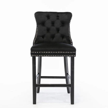 Velvet Bar Stools Set of 2, Upholstered Counter Height Bar Chair with Rivet and Button Trim, Bar Stool with Back and Footrest, for Dining Room, Kitchen, Pub, Gray