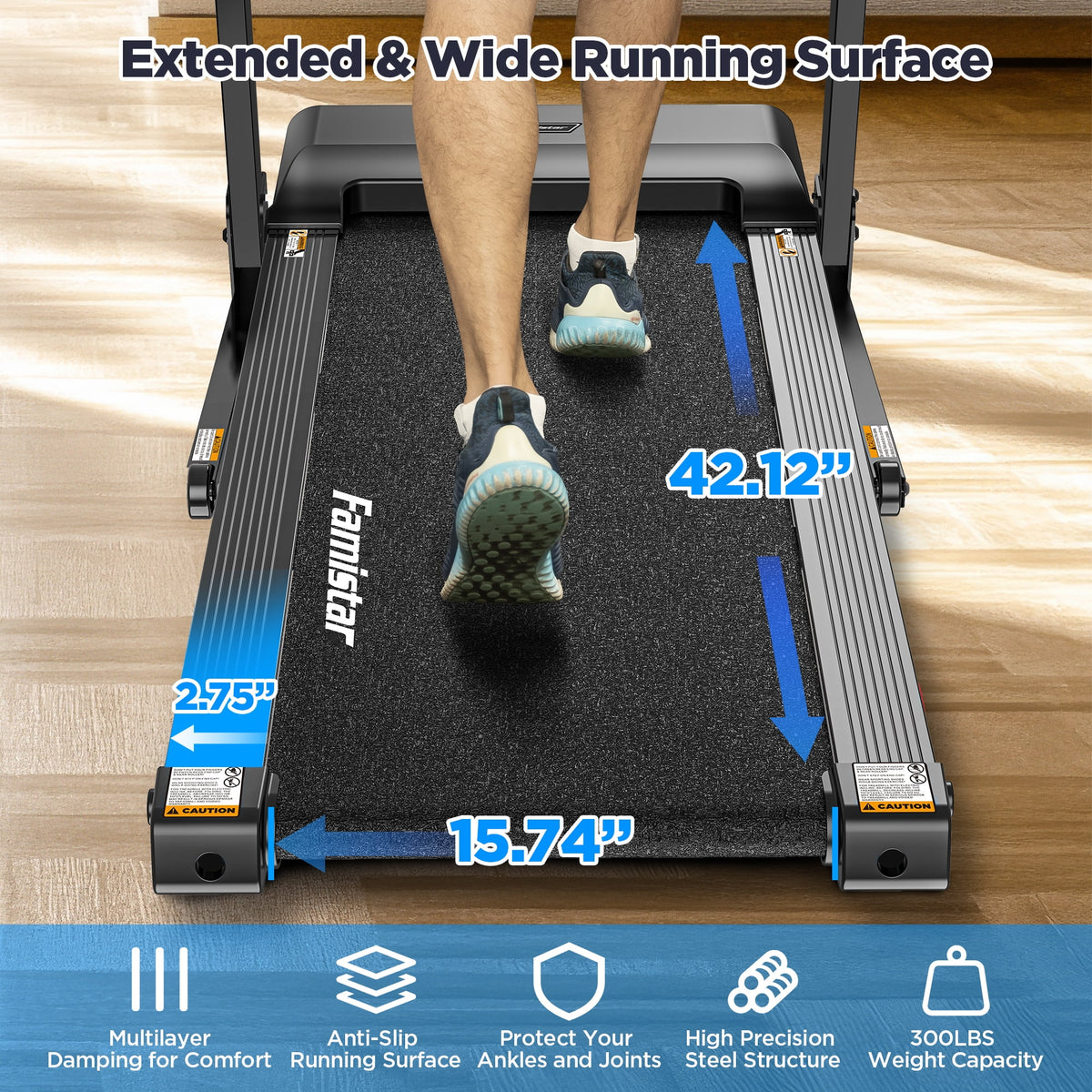Treadmill 300 LB Capacity for Home with Incline, Folding Electric Running Walking Treadmill, Portable Treadmill for Home Use, 7.5 MPH, Smart Apps, 64+7 Programs, Bluetooth Speakers