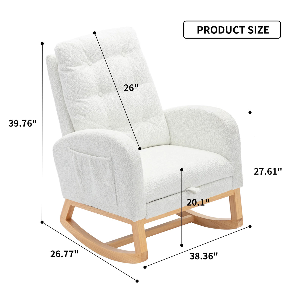 Modern Accent Rocking Chair with Pull-out Footrest,Nursery Glider Chair with Solid Wood Legs & Side Pocket,Upholstered Lounge Chair with High Backrest,White