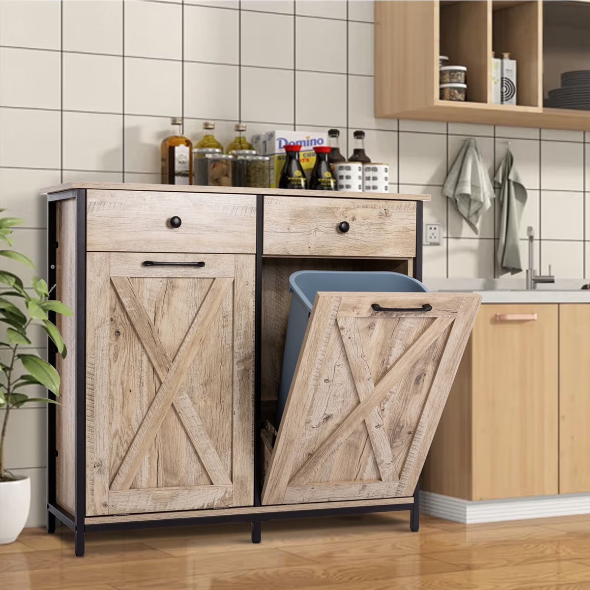 Eclife 20 Gallons Double Tilt Out Trash Cabinet Wood Tabletop, Upgrade Gray, WB010GY