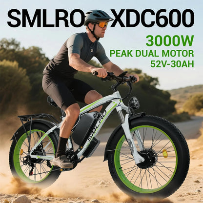 3000W Peak Dual Motor Ebike, 52V 30AH Battery Electric Bike for Adults, 7-Speed 40MPH AWD Ebike Mountain Snow E-Bike with 26" x 4.0 Fat Tire MTB Hydraulic Disc Brake  for Off-Road Snow