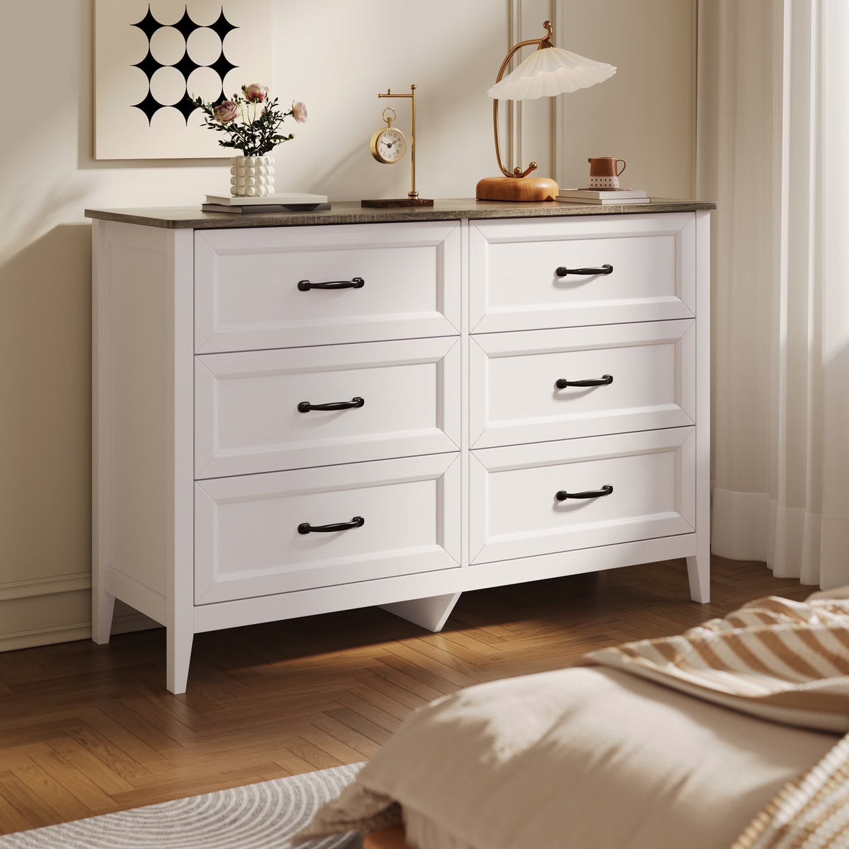 White Dresser, Lofka 6 Drawer Dresser for Bedroom, Chests of Drawers for Living Room, White?? Brown