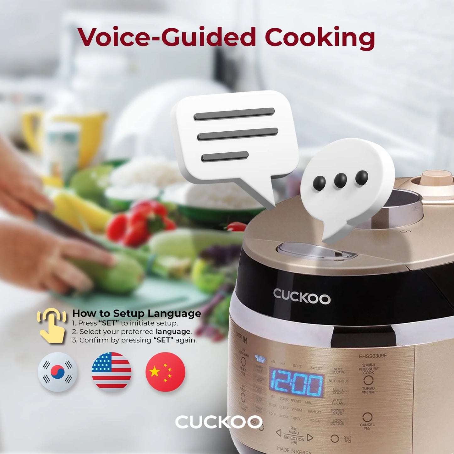 Cuckoo 3 Cup Dry Induction Heating Pressure Rice Cooker with Micom Logic Tech, Nonstick Pot, Warmer, 16 Menu Modes and Voice Guide in Gold (CRP-EHSS0309FG)