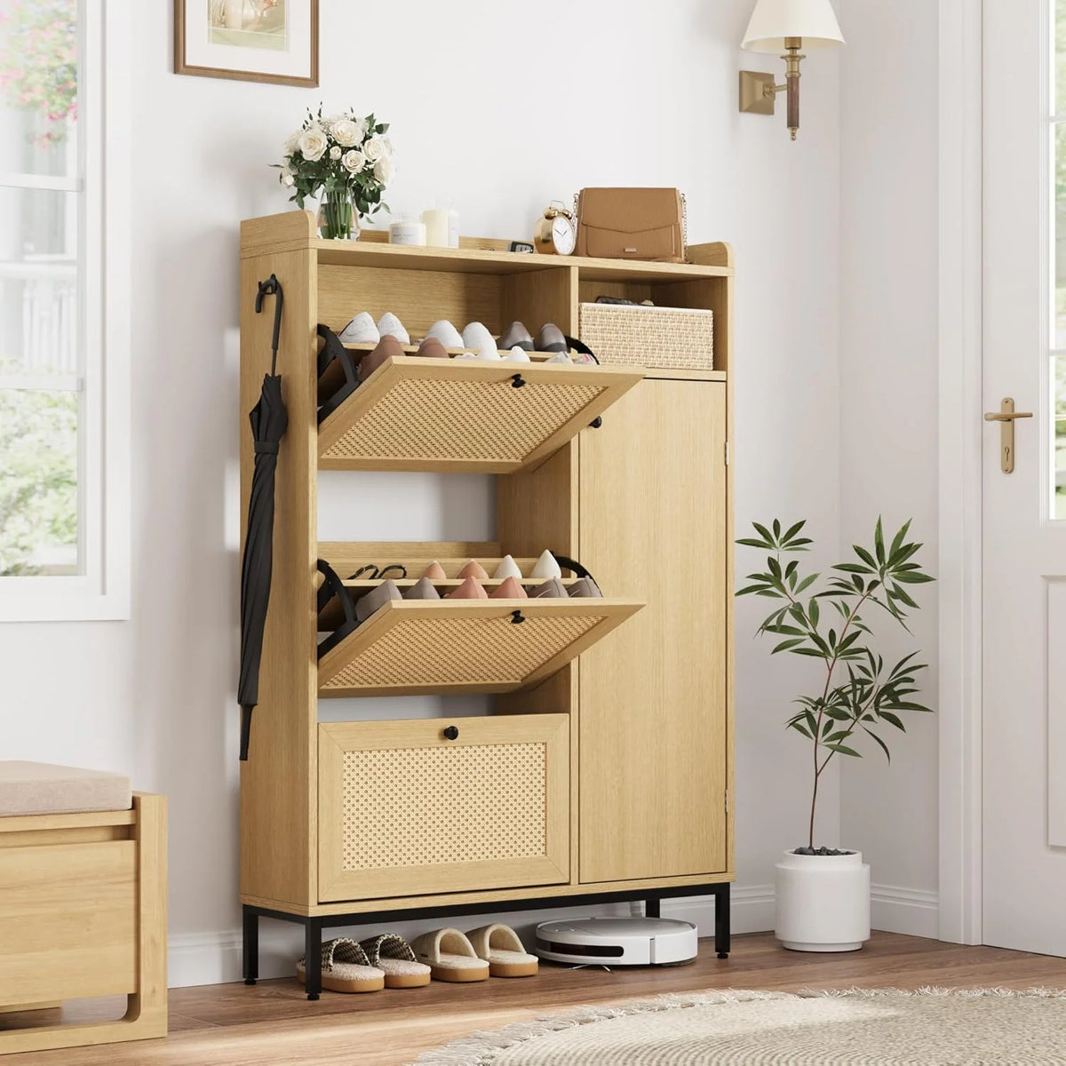 Garvee Rattan Shoe Storage Cabinet with Doors and 3 Flip Drawers, Freestanding Organizer with Adjustable Shelves for Entryway, Narrow Shoe Rack Cabinet for Hallway, Easy Assembly, Oak Color