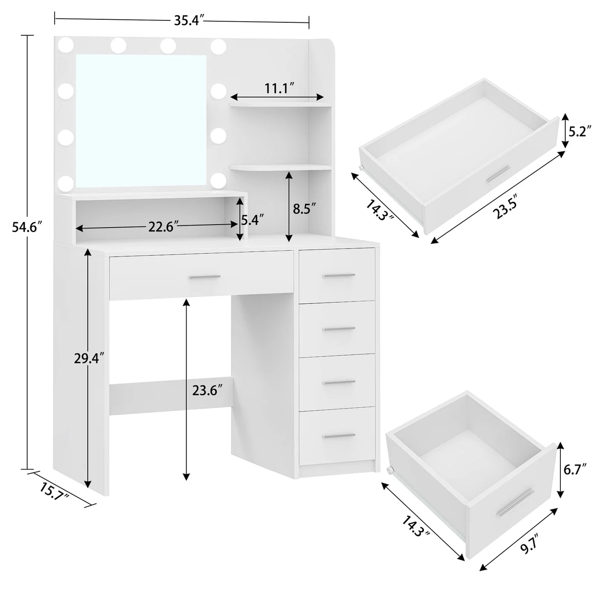 Makeup Vanity Desk with Mirror & Lights, Vanity Table with 5 Drawers & Storage Shelves, Makeup Vanity , 3 Color Modes & Adjustable Brightness Dressing Table, Bedroom, White