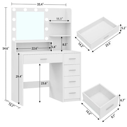 Makeup Vanity Desk with Mirror & Lights, Vanity Table with 5 Drawers & Storage Shelves, Makeup Vanity , 3 Color Modes & Adjustable Brightness Dressing Table, Bedroom, White