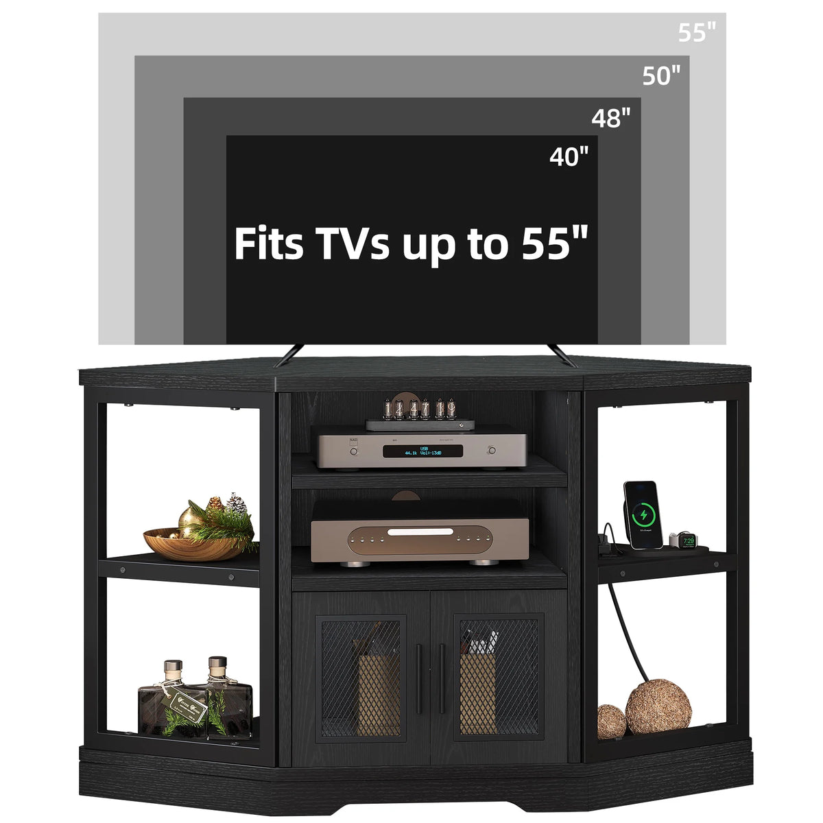 Dextrus Farmhouse Corner TV Stand for TVs up to 55 inch with Power Outlet, Wood Entertainment Center, TV Media Console with Storage, White Oak