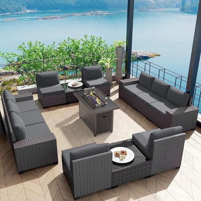 Phonjoroo 13 Pieces Outdoor Patio Furniture Set with 42�� Fire Pit Table, Rattan Patio Sectional Sofa Conversation Set w/ 50000 BTU Propane Fire Pit and Coffee Table for Garden, Backyard