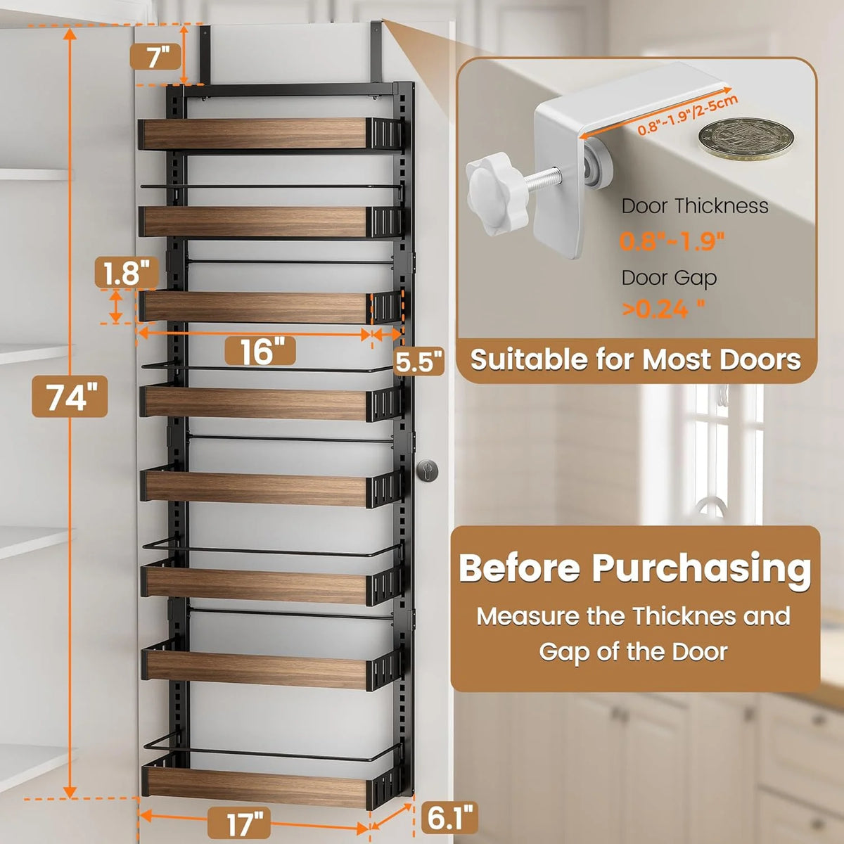 8 Tier Over The Door Pantry Organizer, 2 IN 1 Wall Mount or Hanging Spice Rack Seasoning Shelves with Adjustable Basket, Back of Door Organizer and Storage for Kitchen Cabinet and Room Closet