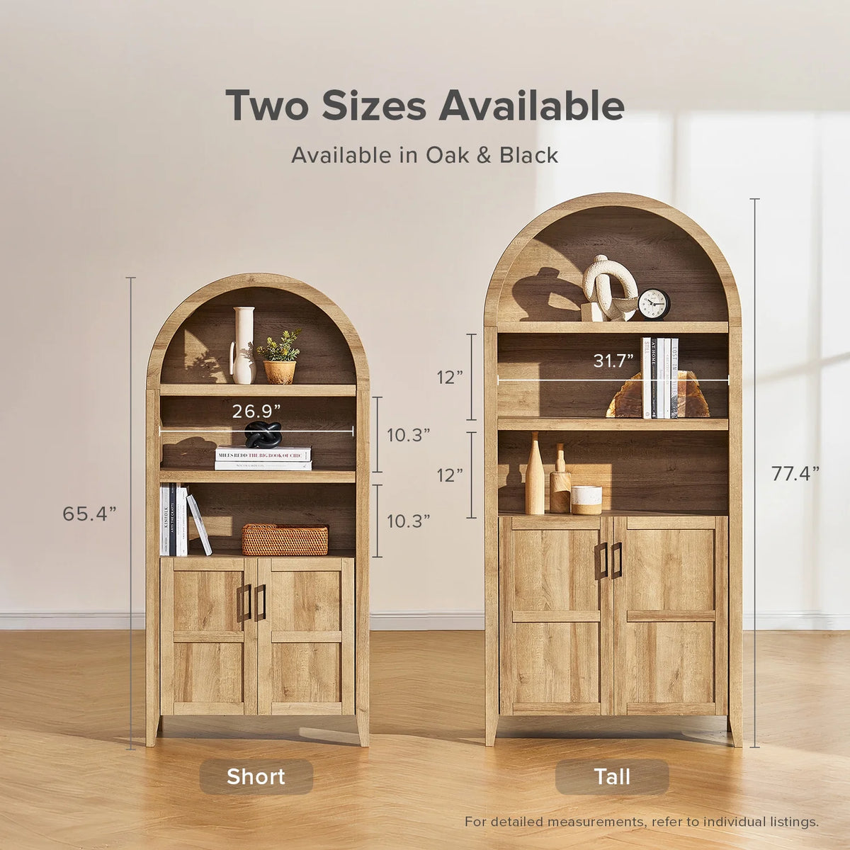 mopio Lauren 65.4" Arched Cabinet, 5-Tier Arched Bookcase with Doors and Shelves, Arched Bookshelf with Storage, Kitchen Pantry Cabinet, Wooden Storage Cabinet for Living Room, Kitchen (Oak)