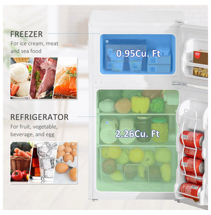 3.2 Cu.Ft Mini Fridge with Freezer - Double Door Refrigerator Adjustable Thermostat, Reversible Door - White - Dorm, Apartment, Bedroom