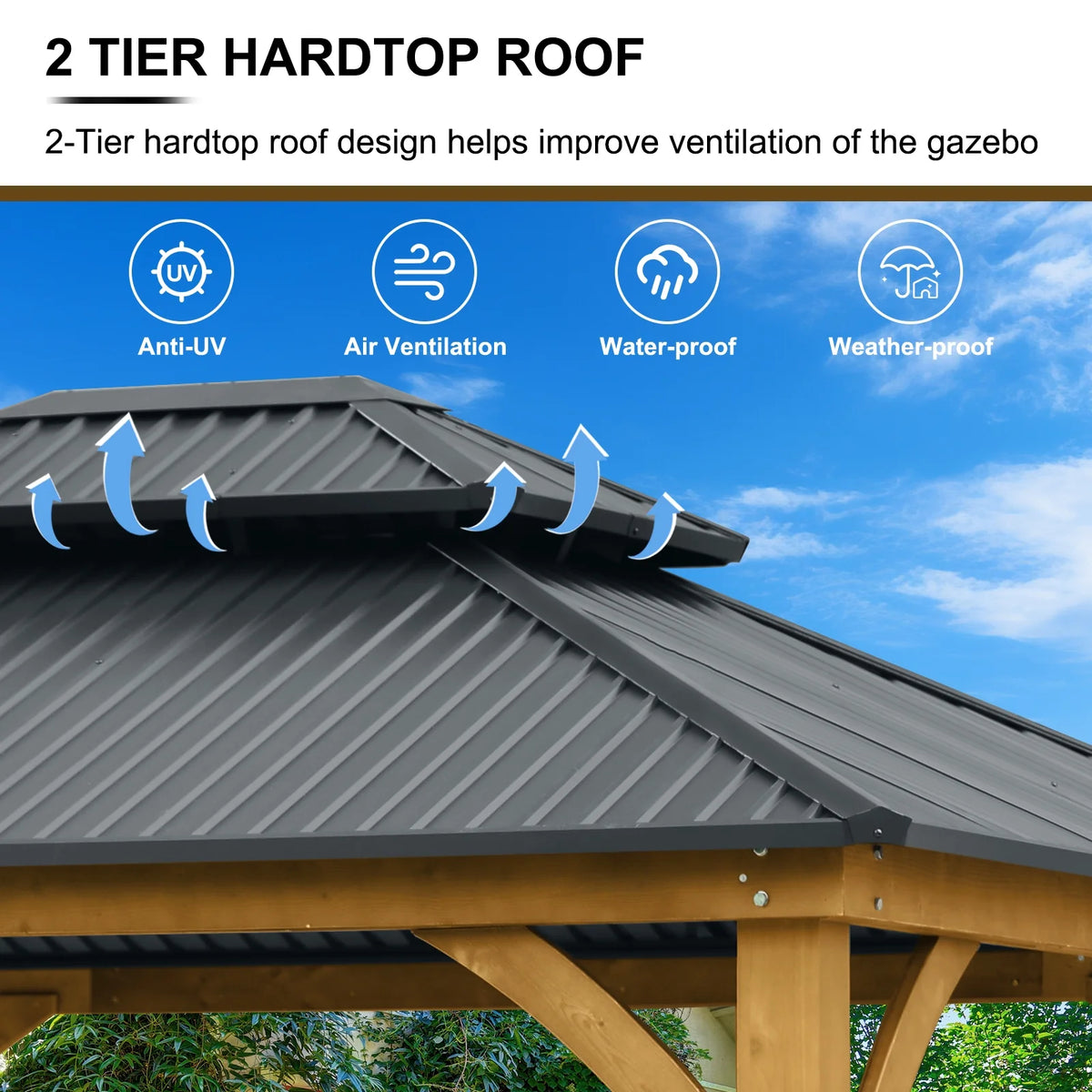 Aoodor 10 x 12 ft Wooden Frame Gazebo with 2-Tier Galvanized Metal Hardtop Roof, Outdoor Patio Gazebo with Charging Socket for Patio, Backyard, Deck, and Lawn