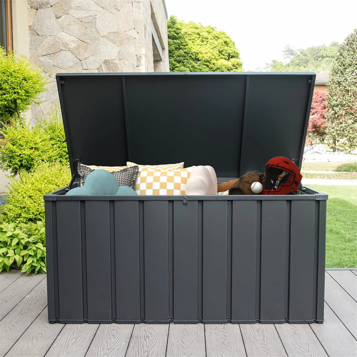 150 Gallon Outdoor Waterproof Storage Deck Box with Portable Side Handles and Moving Roller, Large Patio Storage Lockable for Outside Cushions, Throw Pillows, Garden Tools, Dark Gray
