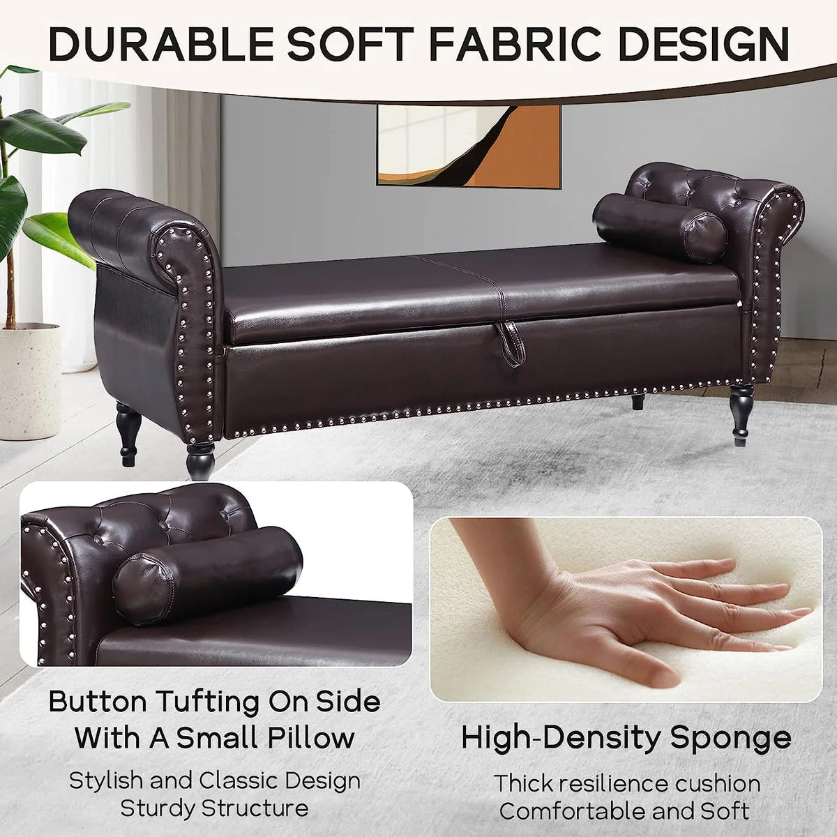 Sumdeal 43.5" Storage Ottoman Bench with 250lb Seating, Linen Upholstered Wood Legs Safety Hinge Flip Top Oval Foot Rest Long Stool for Sofa Couch Bedroom End of Bed Living Room Entryway, White