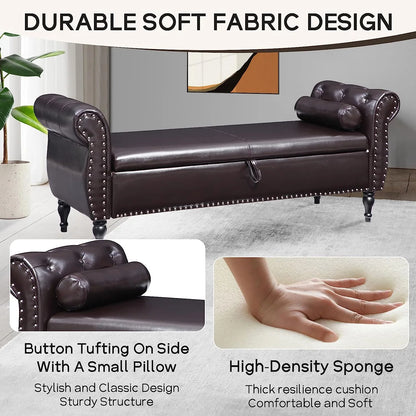 Sumdeal 43.5" Storage Ottoman Bench with 250lb Seating, Linen Upholstered Wood Legs Safety Hinge Flip Top Oval Foot Rest Long Stool for Sofa Couch Bedroom End of Bed Living Room Entryway, White