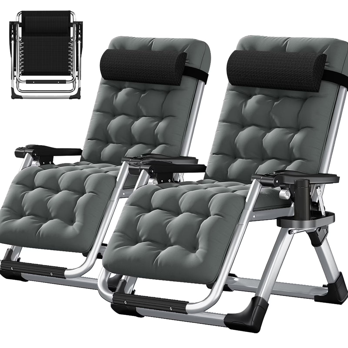 NAIZEA 2 Pack Zero Gravity Chair, Foldable Portable Lawn Recliner with Cushion, Headrest, Cup Holder, Black