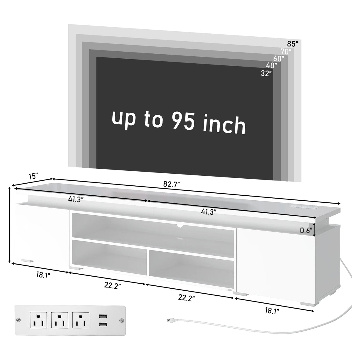LED TV Stand for up to 85" TVs with Power Outlet, 75" Large Entertainment Center Console Table Gaming Soundbar Shelf with 2 Storage Cabinets