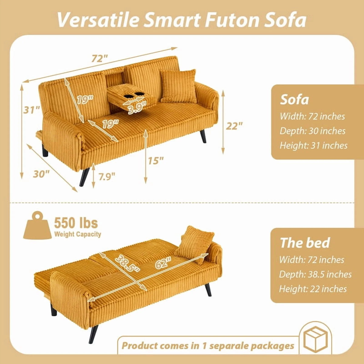 FFH Modern Corduroy Futon Sofa Bed with Adjustable Backrest,Convertible Loveseat Sleeper,Soft Couch with Drop-Down Table and Cup Holder for Living room,Pink