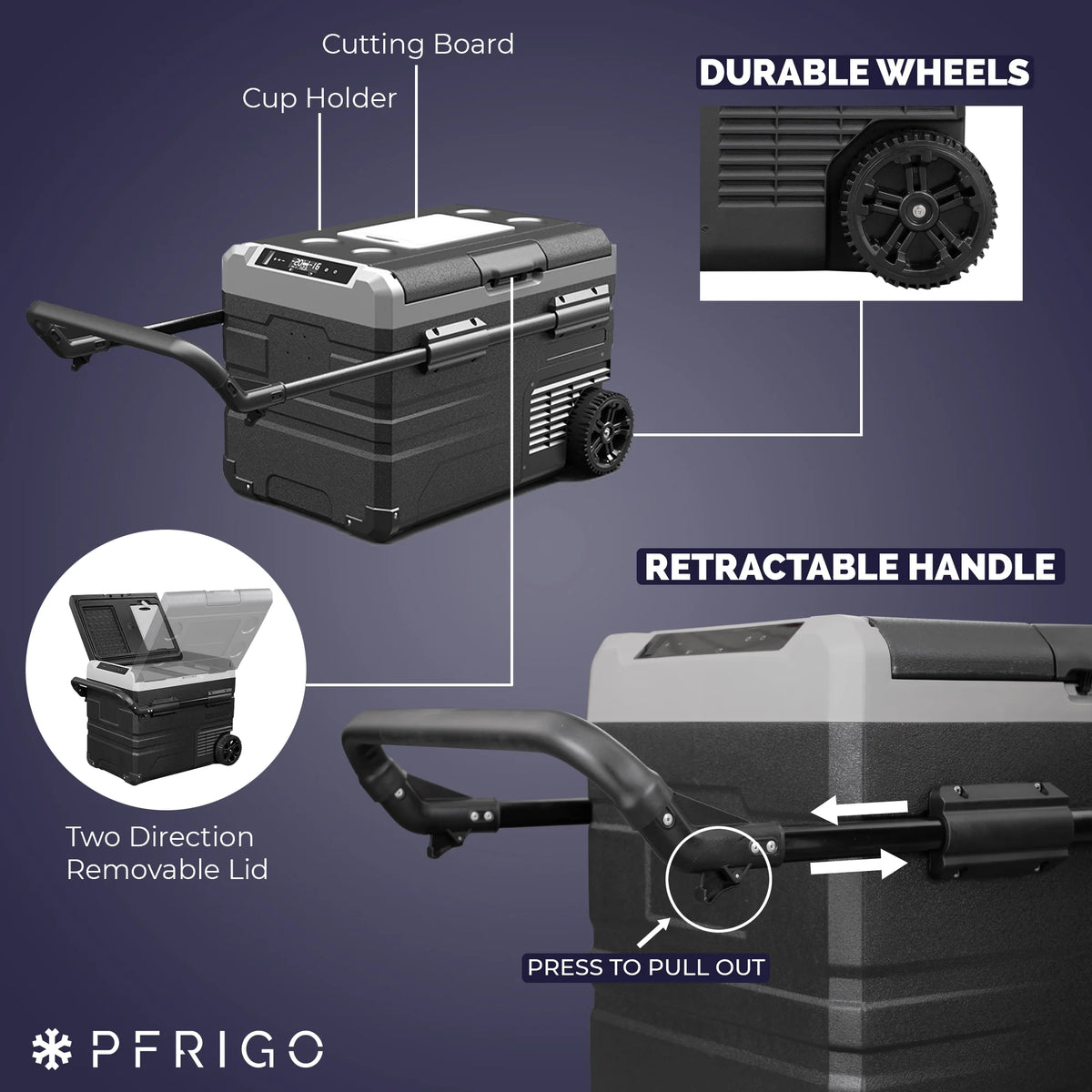 PFRIGO 48 Qt Portable 12v Rolling Cooler with LED Touch Panel, Black