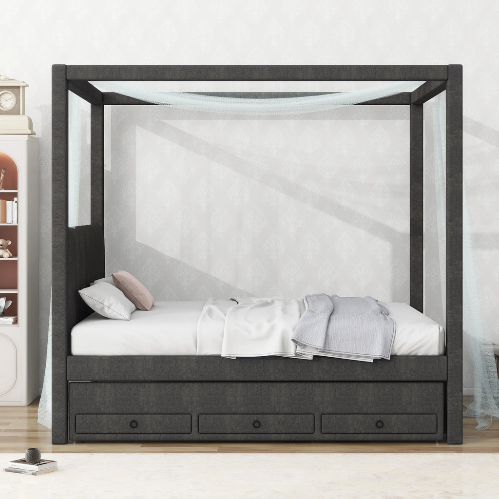 EUROCO Upholstered Full Size Canopy Bed Frame with Trundle Bed and 3 Drawers, Platform Bed with Headboard for Kids Teens Adults, Beige