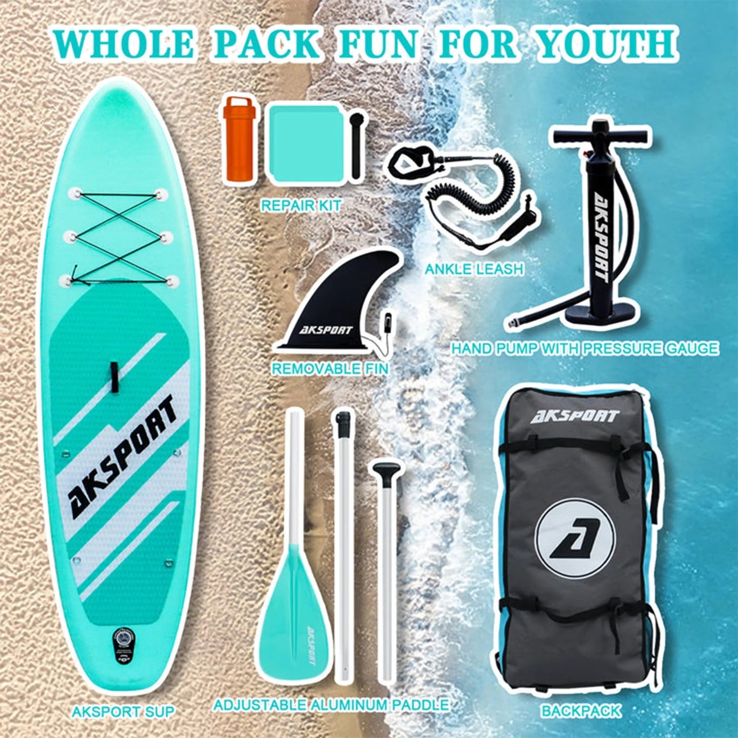 AKSPORT 10'6" Inflatable All Around Stand up Paddle Board Kit, Mint Green