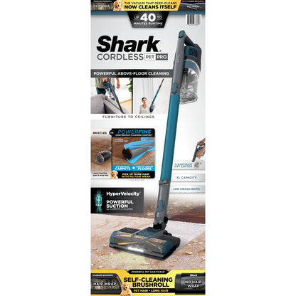 Shark Pet Pro Bagless Cordless Stick Vacuum, Carpets and Hardfloors, Powerfins Brushroll, No Hair Wrap, Up to 40 Min Runtime, XL Dust Cup, IZ240 Teal