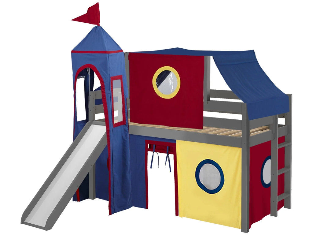JACKPOT! Castle Low Loft Bed with Slide, Red Yellow and Blue Tent and Tower, Twin, Cherry