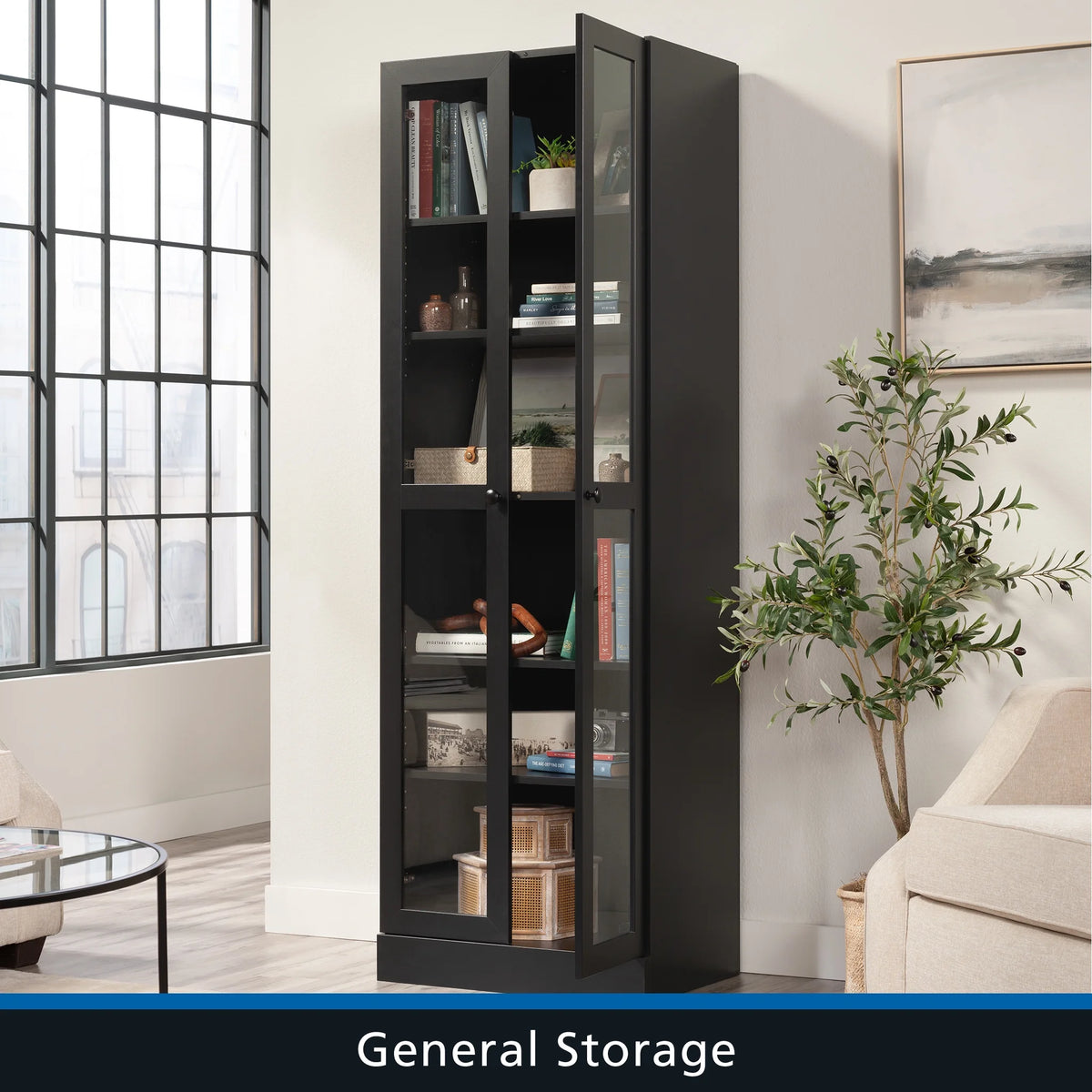 Mainstays Glass Door Storage Bookcase, Black Finish