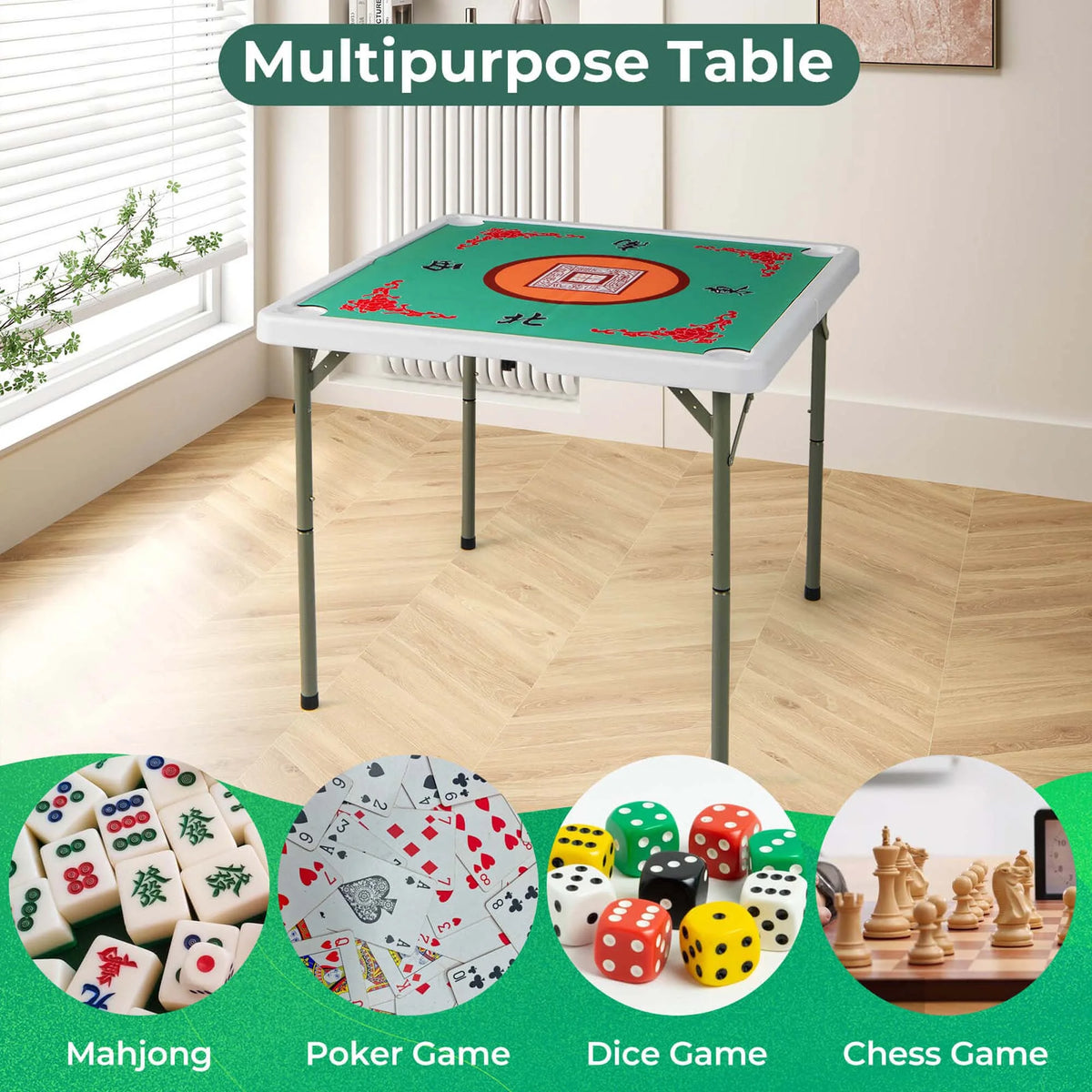 Costway 35" Folding Mahjong Table with Cup Holders & Smooth Felt Mat Carrying Handle Green