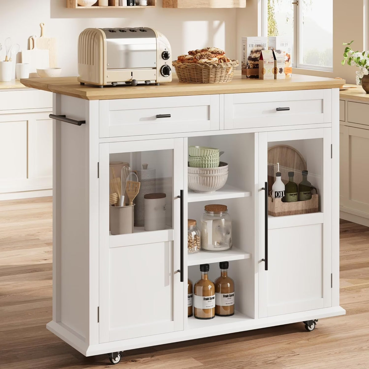 WALYWIK Foldable Kitchen Island Cart with Wheels, 2 Glass Doors, Spice Rack & Towel Holder �C Compact Mobile Storage Cart for Small Kitchens, Dining Rooms, Camping & RVs - Grey
