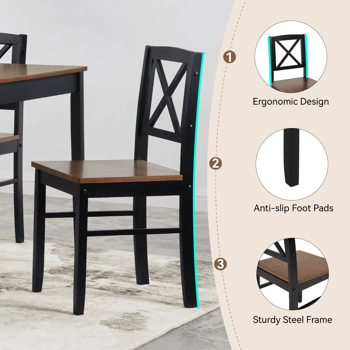 MAYEERTY Eco-Friendly Solid Wood Dining Set �?Sustainable Dining Table with Black Metal Accents for Home & Restaurant,Light Brown