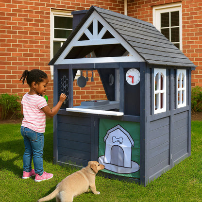 COCLUB Outdoor Playhouse for Kids Ages 4-8, Wooden Play House with Doorbell, Phone, Kitchen Toys, Outdoor Kids Play Equipment, Casa Para Ni?as (45��L x 65��H), White & Black