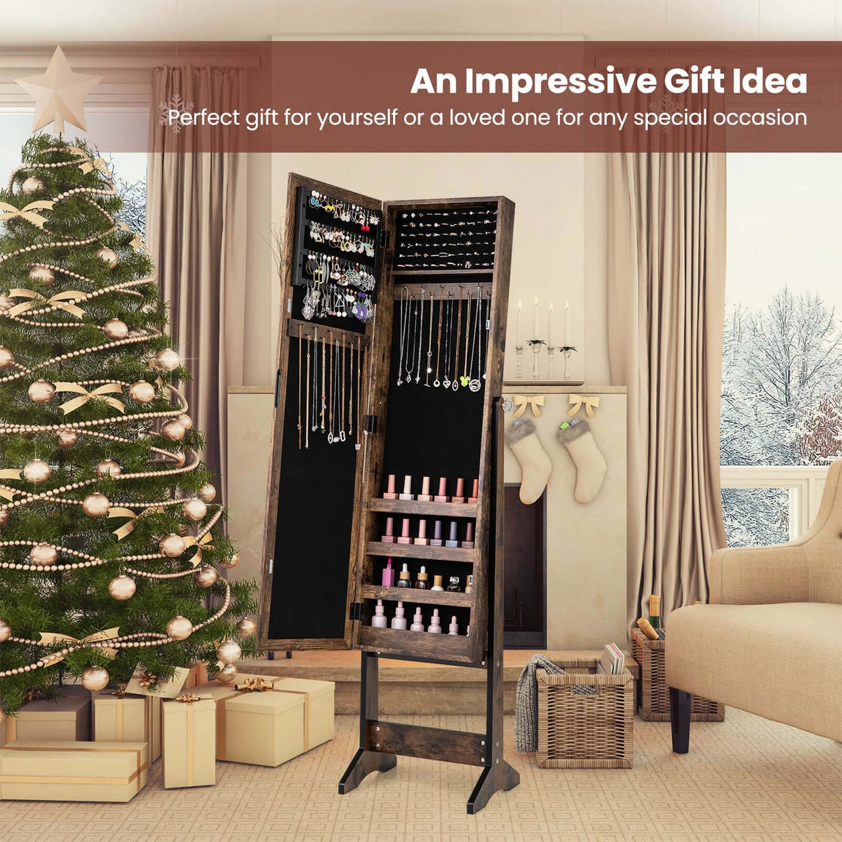 Costway Jewelry Mirrored Cabinet Armoire Organizer Storage Box w/ Stand Christmas Gift
