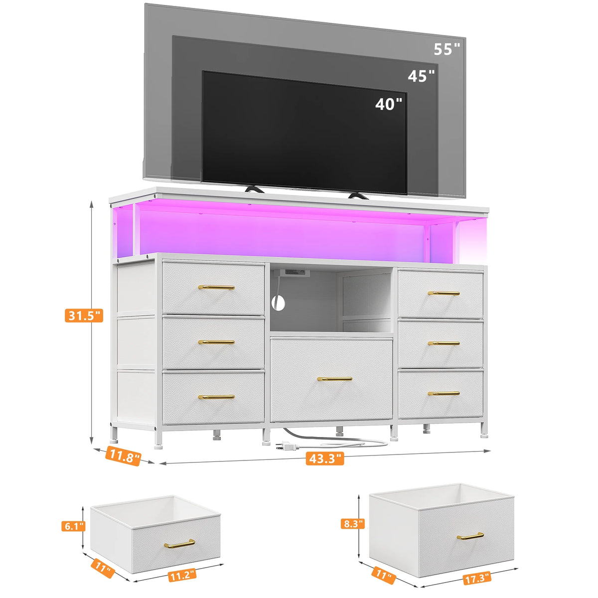 EnHomee Dressers for bedroom TV Stand with Power Outlets &LED Lights Wide Dresser with 10 Drawers&Side Pockets & Hook Fabric Chest of Drawers,Black