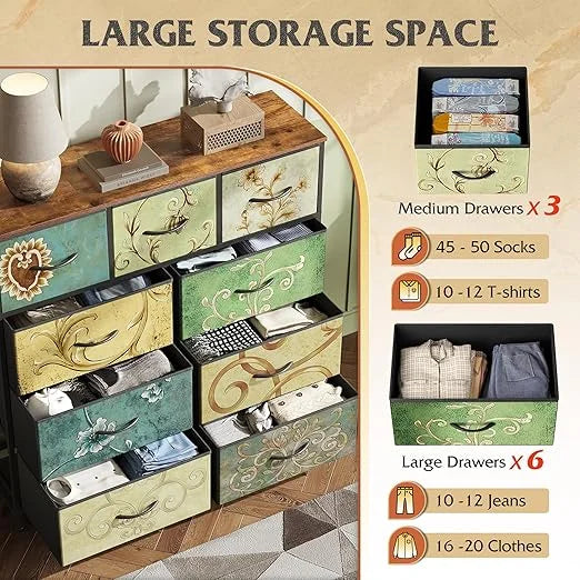 9-Drawer Dresser, Fabric Storage Tower for Bedroom, Hallway, Entryway, Closet, Tall Chest Organizer Unit with Fabric Bins, Steel Frame, Wood Top, Easy Pull Handle, Floral Painted
