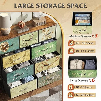 9-Drawer Dresser, Fabric Storage Tower for Bedroom, Hallway, Entryway, Closet, Tall Chest Organizer Unit with Fabric Bins, Steel Frame, Wood Top, Easy Pull Handle, Floral Painted