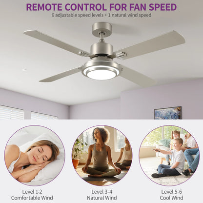 Dextrus 52'' Ceiling Fan with Light and Remote Control, 6 Speeds, 5 Timer Settings, and Dual-Finish Blades (Nickel)