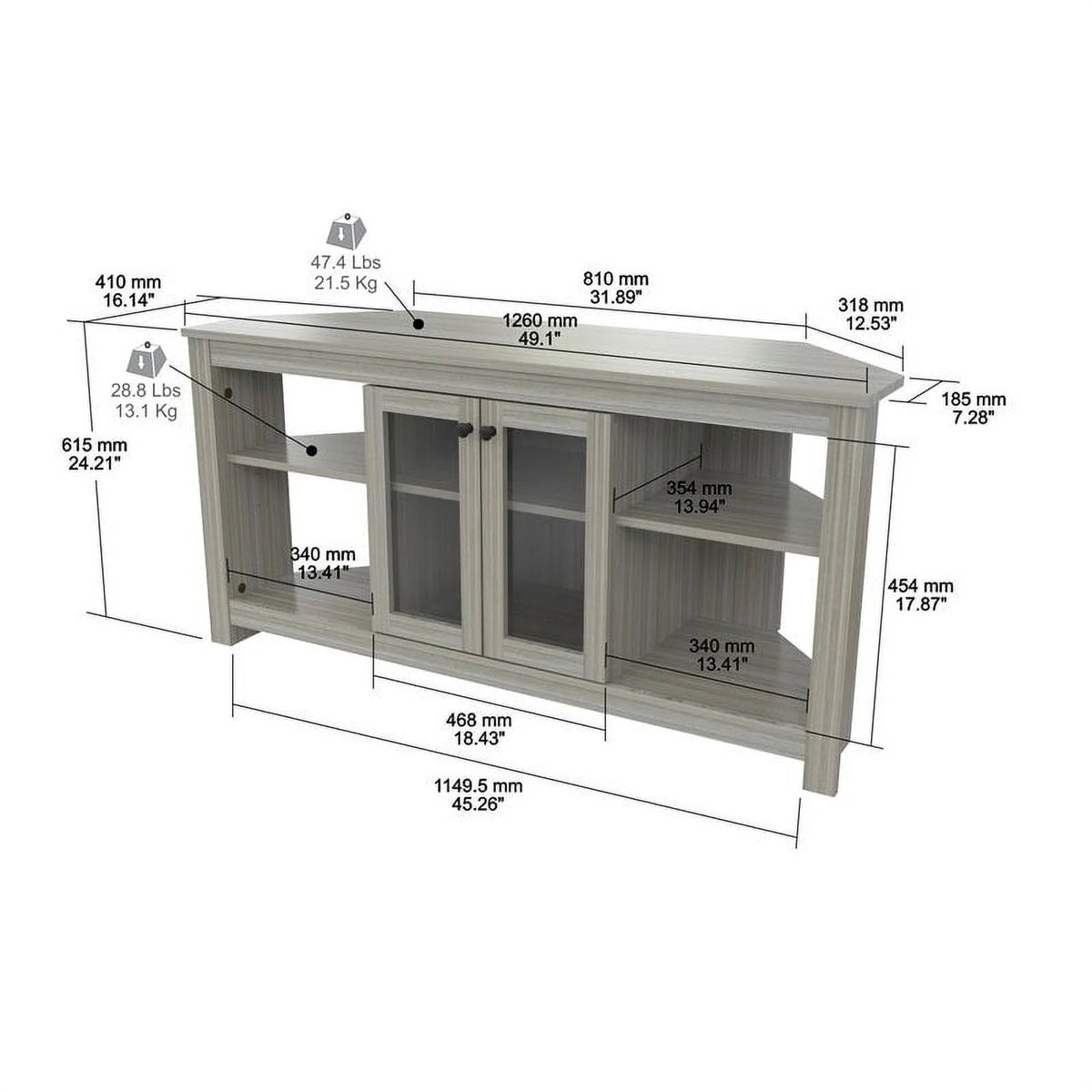 Inval Corner Laminate 60�� TV Stand with Glass Doors, White