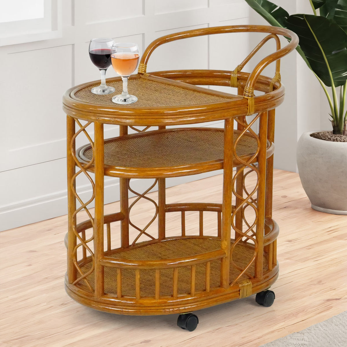 SK New Interiors Trolly Moving Serving Cart Bar Table ECO Natural Rattan Wicker Handmade, Colonial