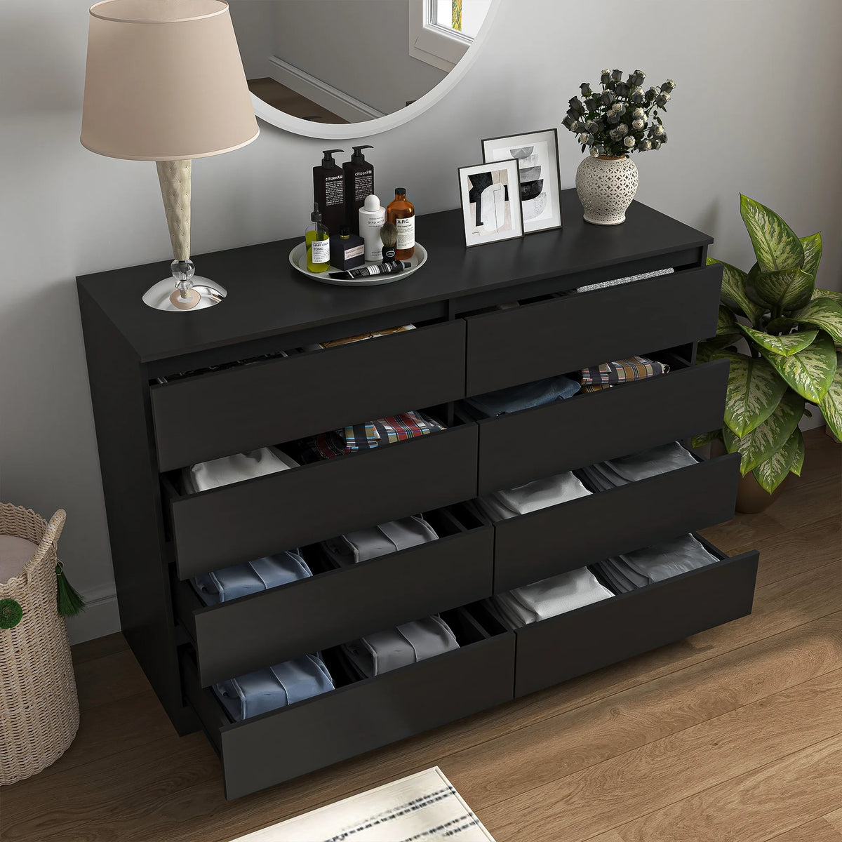 Resenkos Modern Mid Century 6 Drawer Wide Dressers Chests for Bedroom, Chest of Drawer Organizer Grey