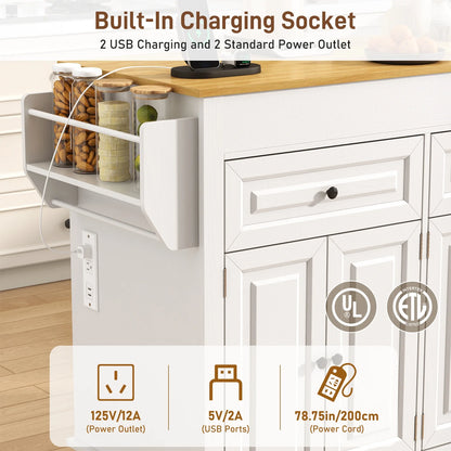 ANPOO Large Kitchen Island with Extendable Dining Table and Power Outlet, Rolling Kitchen Island Cart on Wheels with 2 Storage Cabinets & 2 Drawers & 3 Spice Racks, Island Table for Kitchen