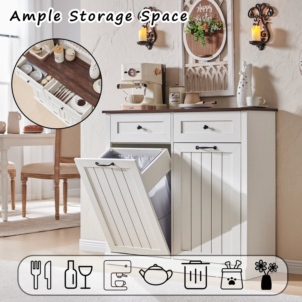 SinCiDo Kitchen Double Tilt Out Trash Can Cabinet, 20 Gallon Farmhouse Wooden Trash Garbage Can with Drawer