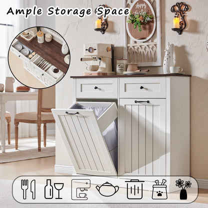 SinCiDo Kitchen Double Tilt Out Trash Can Cabinet, 20 Gallon Farmhouse Wooden Trash Garbage Can with Drawer