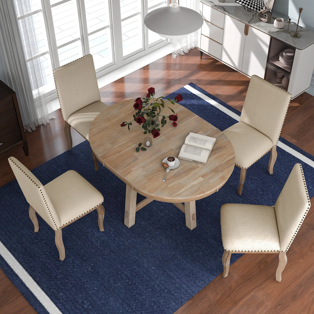 Harper & Bright Designs Round Extendable Dining Table Set for 4, 5 Piece Farmhouse Wood Dining Table Set with 4 Upholstered Dining Chairs, Natural Wood Wash